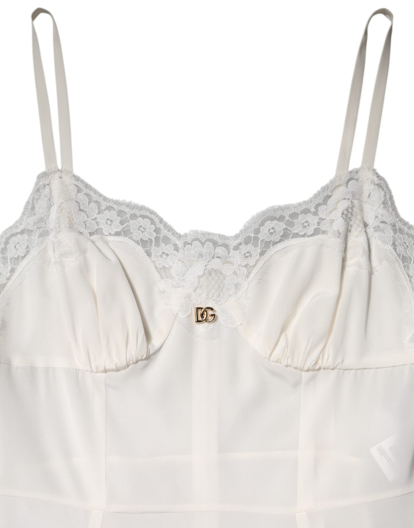 Dolce & Gabbana Vestido Lencero de Seda Blanco de Encaje con Logotipo DG
