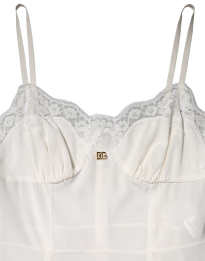 Dolce & Gabbana Vestido Lencero de Seda Blanco de Encaje con Logotipo DG