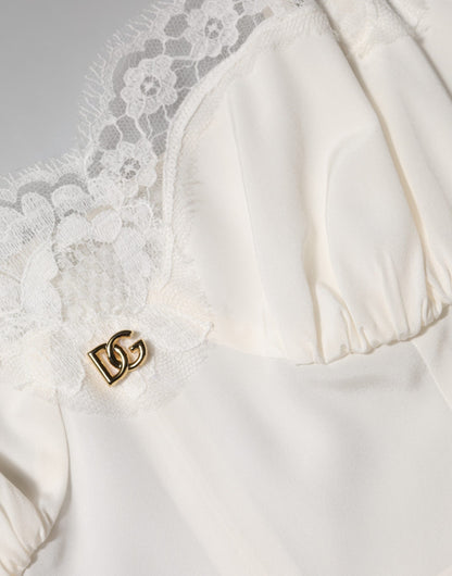 Dolce & Gabbana Vestido Lencero de Seda Blanco de Encaje con Logotipo DG