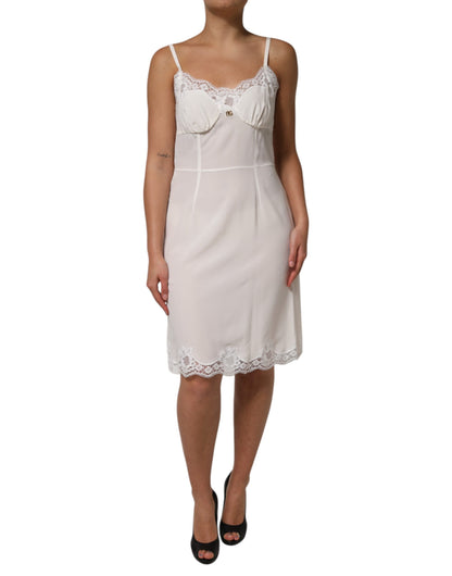 Dolce & Gabbana Vestido de Dormir de Seda con Encaje Blanco y Logo DG Dorado