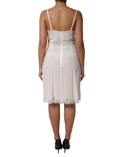 Dolce & Gabbana Vestido de Dormir de Seda con Encaje Blanco y Logo DG Dorado
