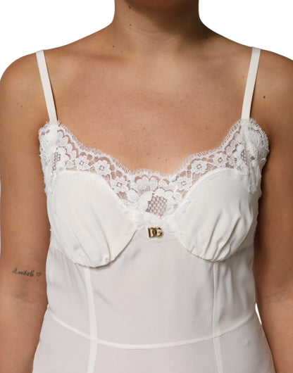 Dolce & Gabbana Vestido de Dormir de Seda con Encaje Blanco y Logo DG Dorado