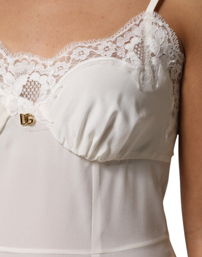 Dolce & Gabbana Vestido de Dormir de Seda con Encaje Blanco y Logo DG Dorado