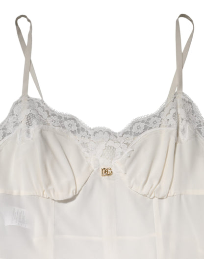 Dolce & Gabbana Vestido de Dormir de Seda con Encaje Blanco y Logo DG Dorado