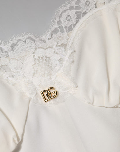 Dolce & Gabbana Vestido de Dormir de Seda con Encaje Blanco y Logo DG Dorado