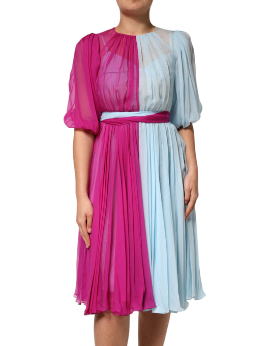 Vestido midi de seda bicolor rosa fucsia y azul claro de Dolce & Gabbana