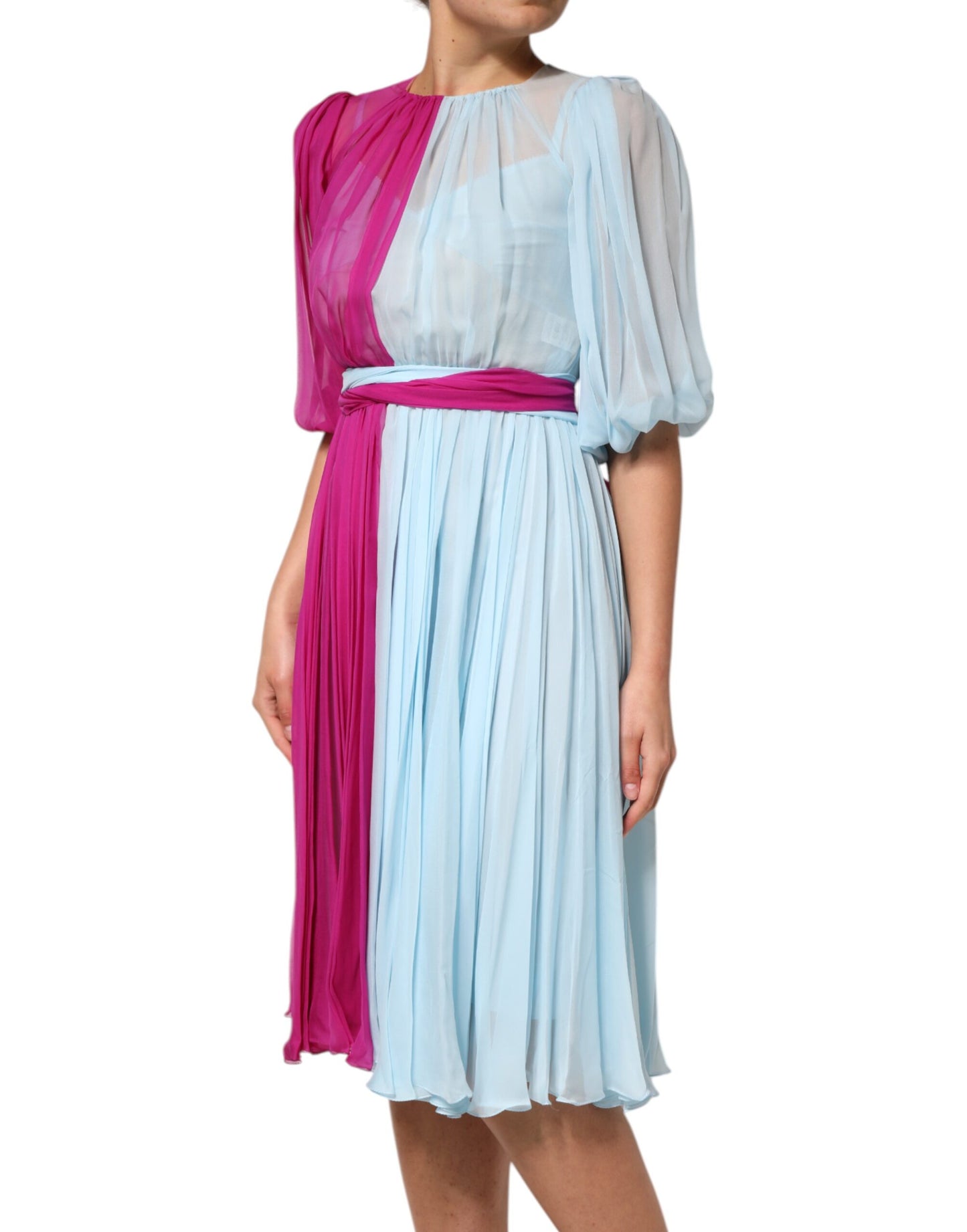 Vestido midi de seda bicolor rosa fucsia y azul claro de Dolce & Gabbana