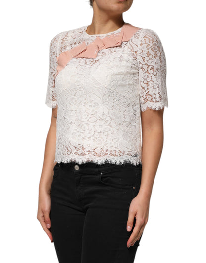 Dolce & Gabbana Blusa de encaje floral blanco de manga corta