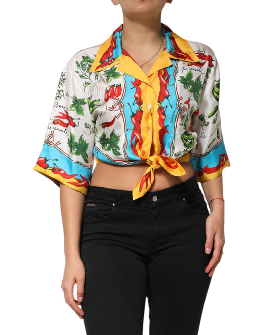 Top blusa corta de seda multicolor con motivo de chiles de Dolce & Gabbana