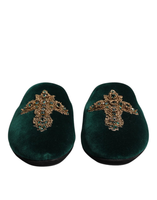 Zapatillas Dolce & Gabbana de terciopelo verde con cruz embellecida