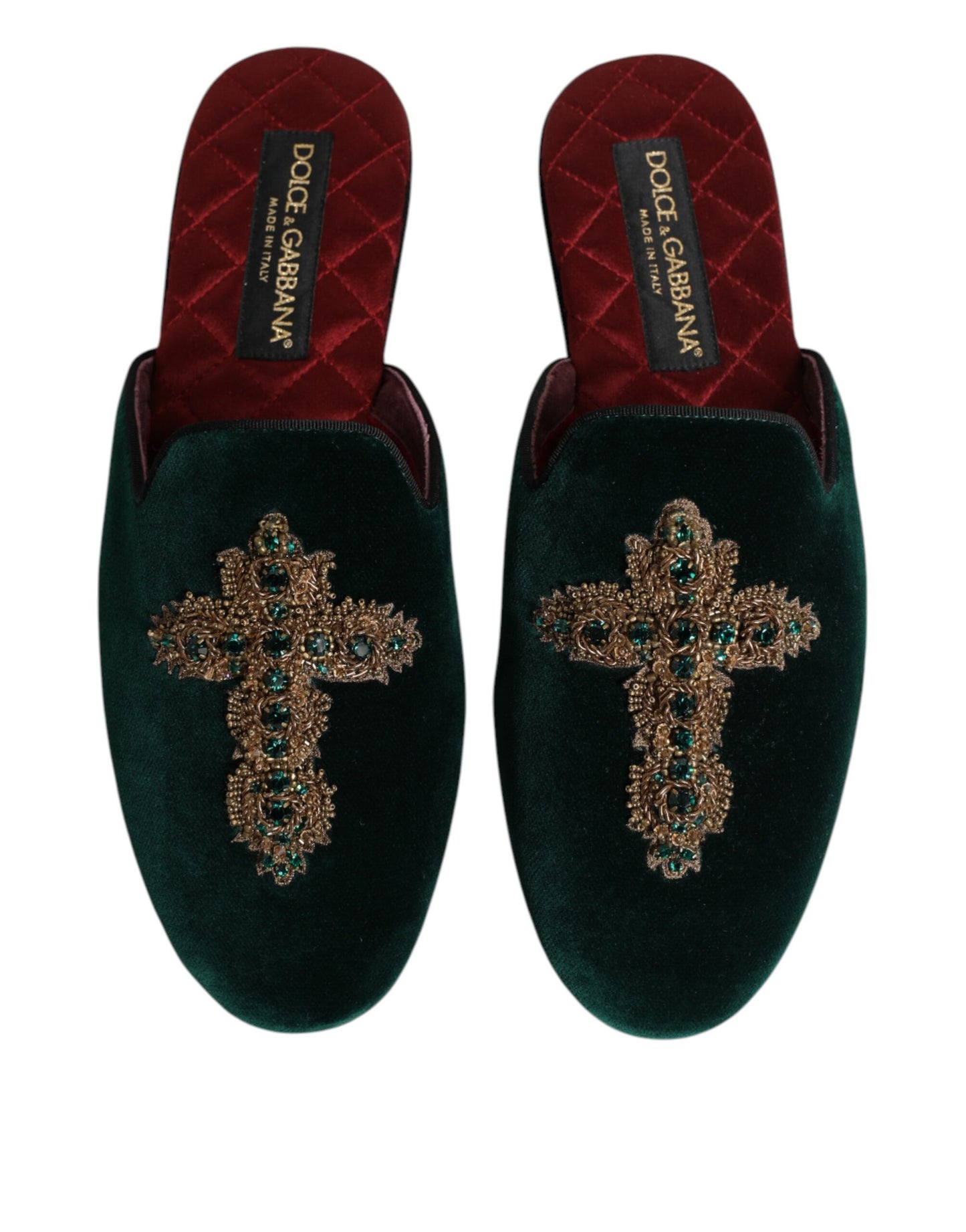 Zapatillas Dolce & Gabbana de terciopelo verde con cruz embellecida