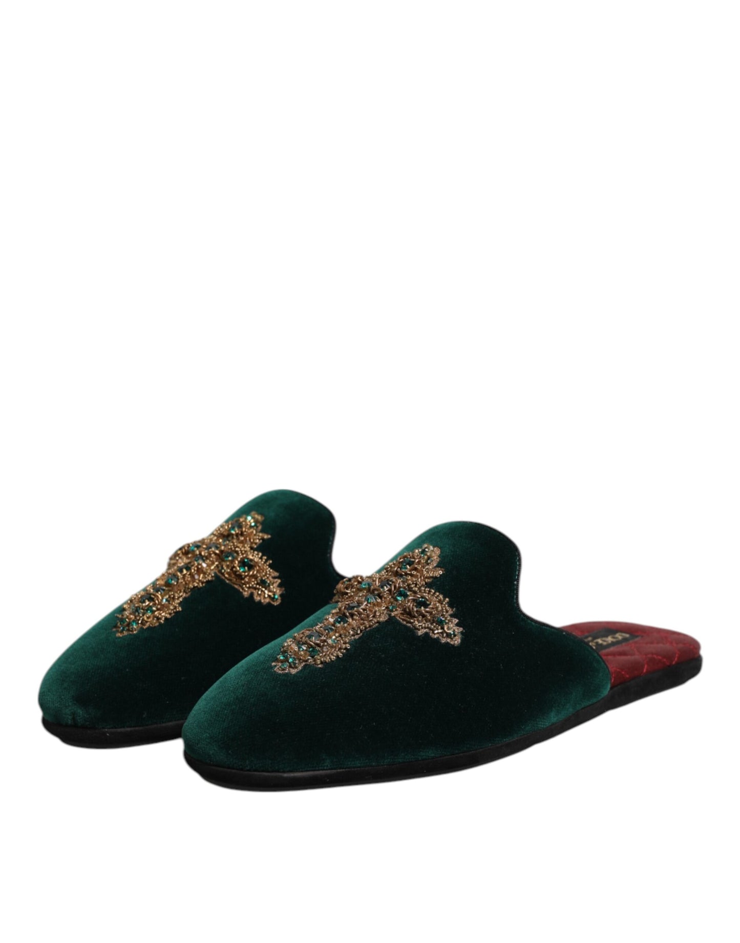 Zapatillas Dolce & Gabbana de terciopelo verde con cruz embellecida