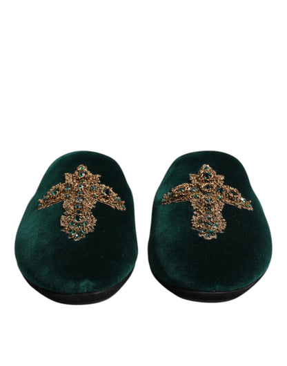 Zapatillas Dolce & Gabbana de terciopelo verde con cruz embellecida