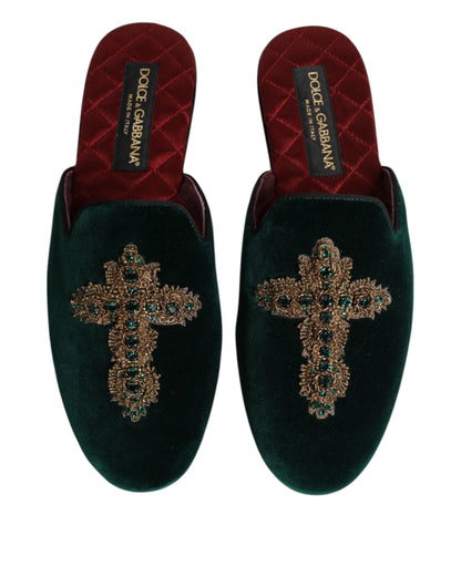 Zapatillas Dolce & Gabbana de terciopelo verde con cruz embellecida