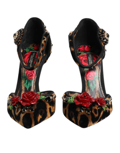 Zapatos de tacón Dolce & Gabbana marrones de leopardo con rosas de cristal