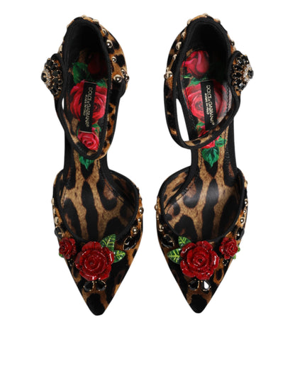 Zapatos de tacón Dolce & Gabbana marrones de leopardo con rosas de cristal
