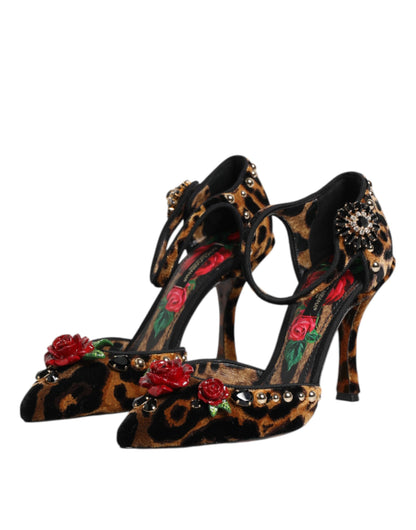 Zapatos de tacón Dolce & Gabbana marrones de leopardo con rosas de cristal