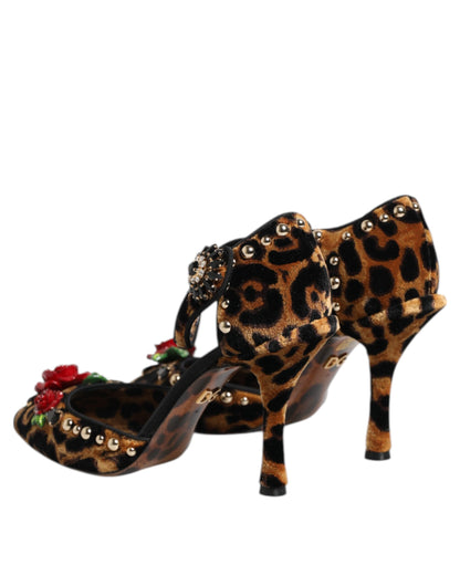 Zapatos de tacón Dolce & Gabbana marrones de leopardo con rosas de cristal