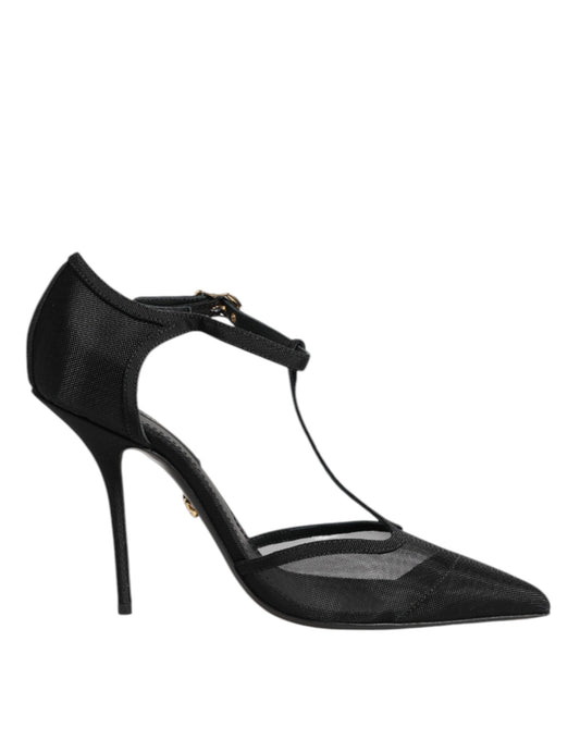 Zapatos de tacón de aguja negros de malla con correa en T de Dolce & Gabbana