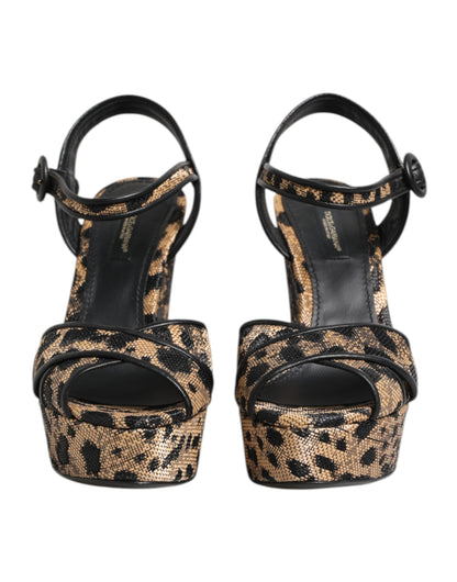 Sandalias de cuña Dolce & Gabbana marrones con estampado de leopardo y tira al tobillo