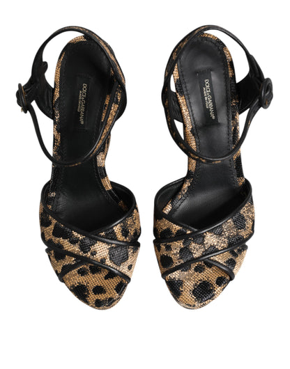 Sandalias de cuña Dolce & Gabbana marrones con estampado de leopardo y tira al tobillo