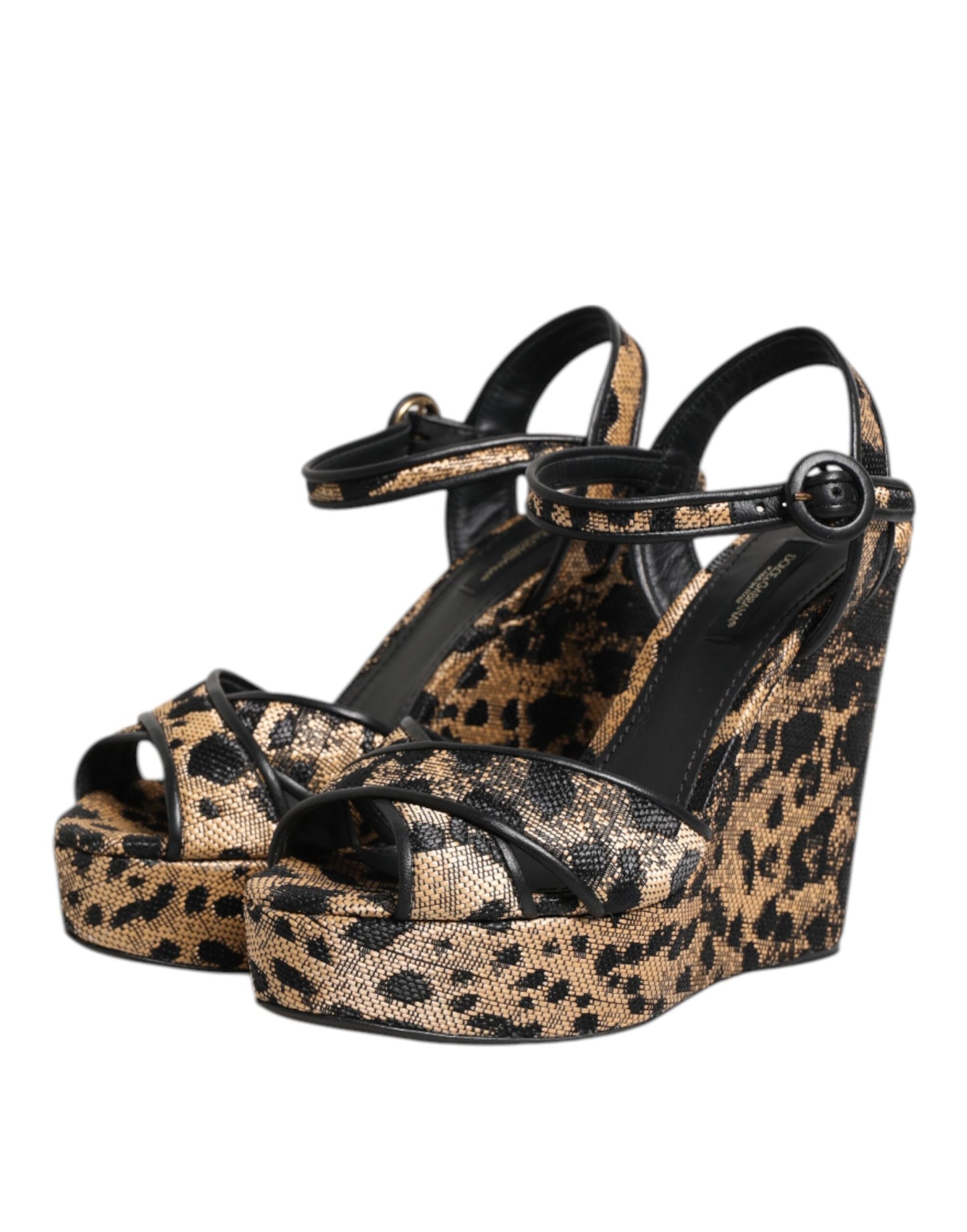 Sandalias de cuña Dolce & Gabbana marrones con estampado de leopardo y tira al tobillo