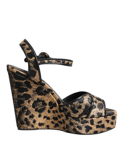 Sandalias de cuña Dolce & Gabbana marrones con estampado de leopardo y tira al tobillo