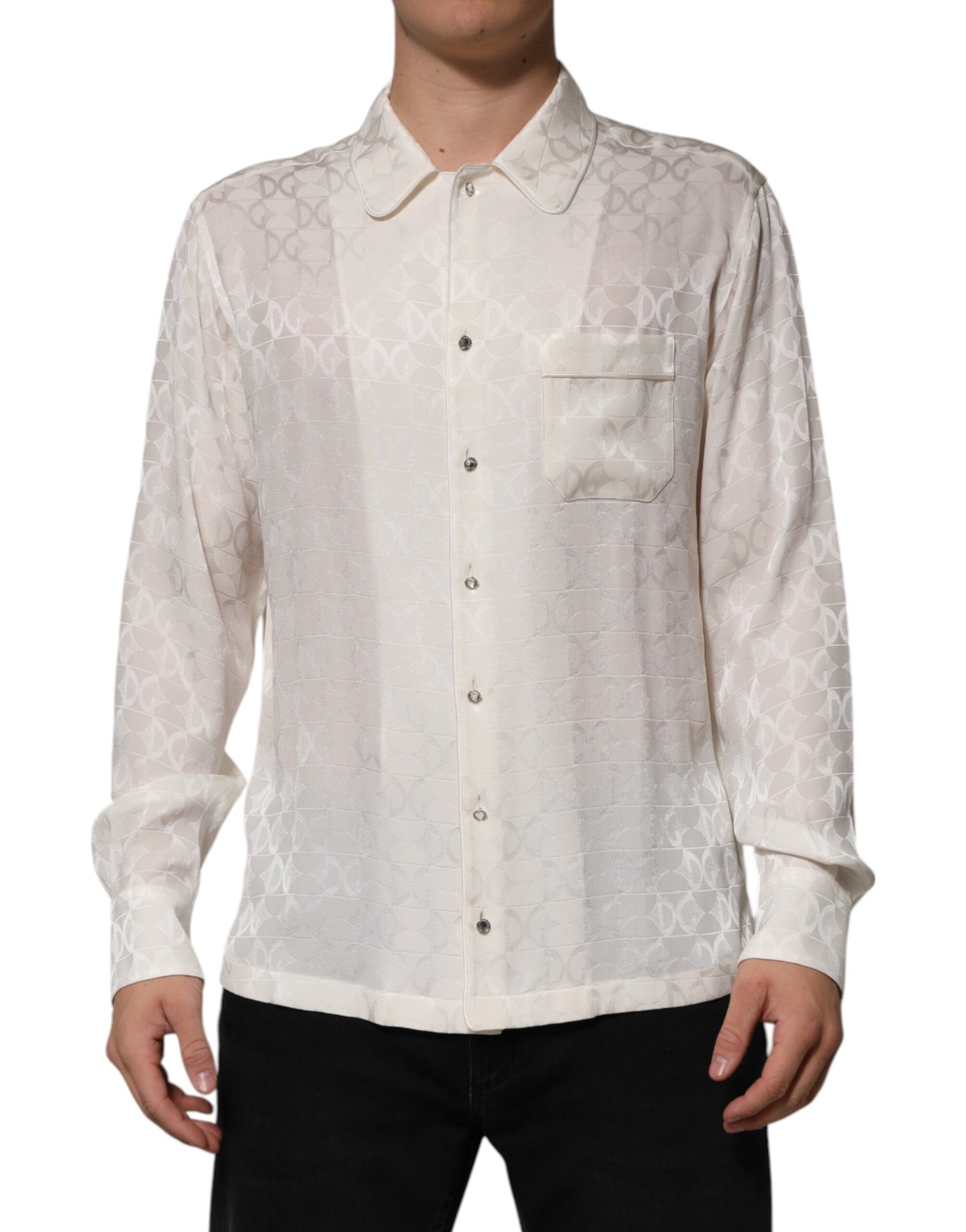 Camisa de manga larga de seda blanca con estampado de logo DG de Dolce & Gabbana
