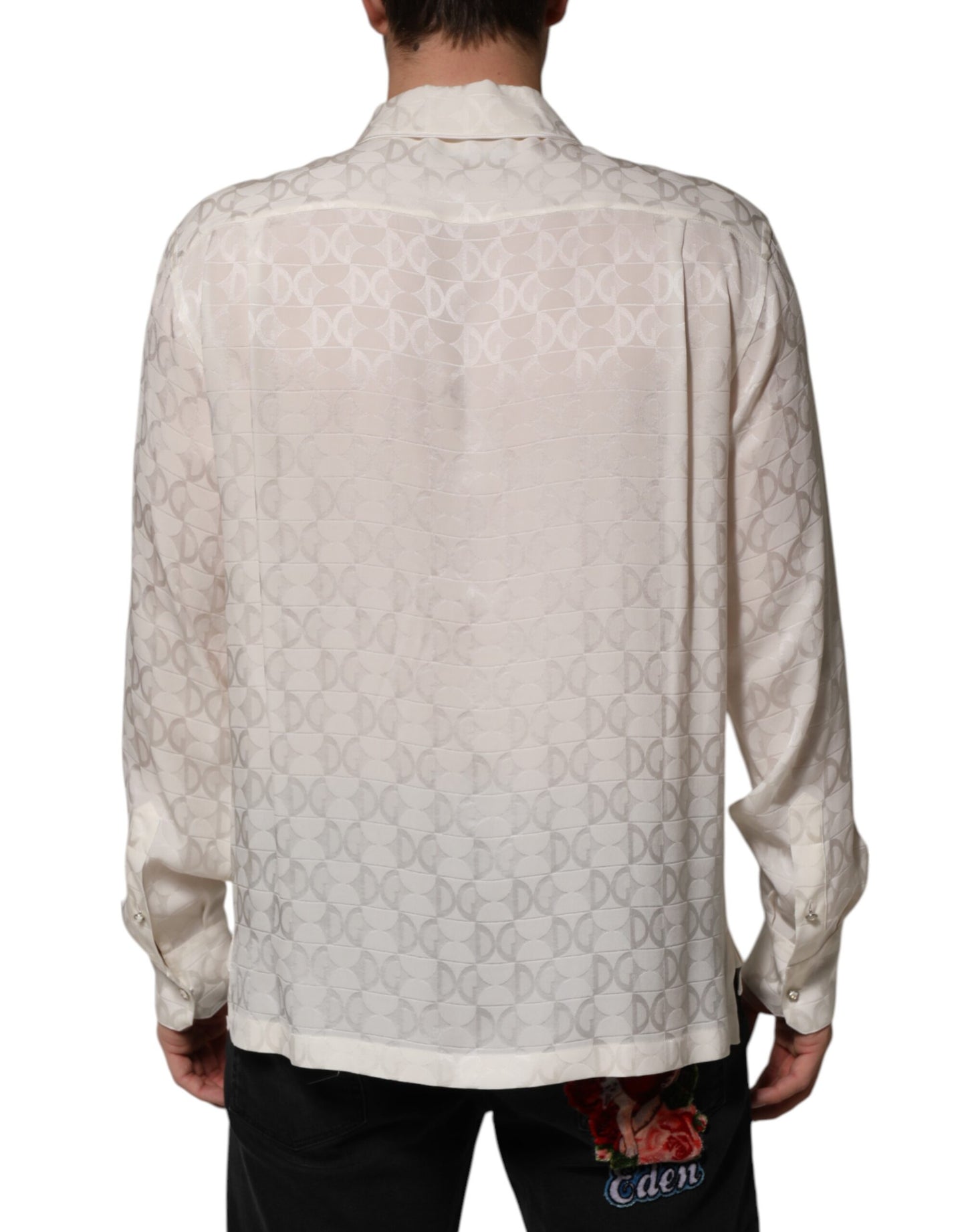 Camisa de manga larga de seda blanca con estampado de logo DG de Dolce & Gabbana