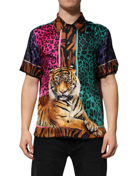Camiseta hawaiana de seda multicolor con estampado de tigre de Dolce & Gabbana
