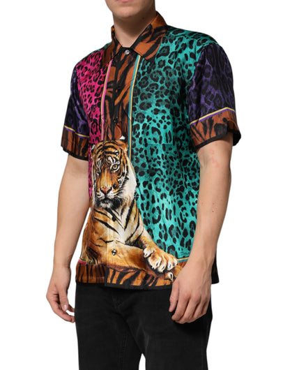 Camiseta hawaiana de seda multicolor con estampado de tigre de Dolce & Gabbana