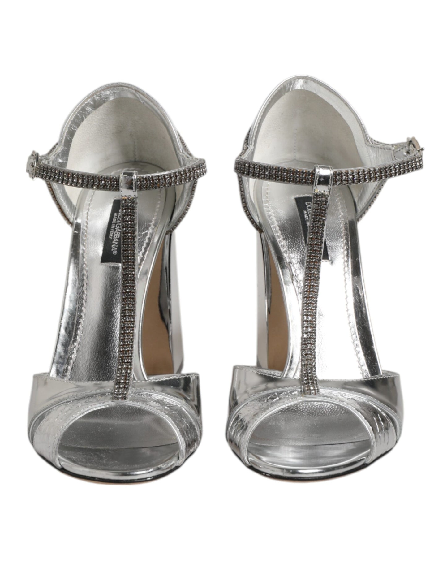 Zapatos Sandalias de Tacón con Tiras en T de Cuero Plateado de Dolce & Gabbana