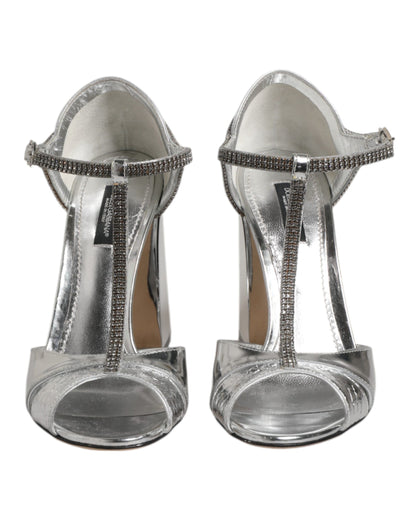 Zapatos Sandalias de Tacón con Tiras en T de Cuero Plateado de Dolce & Gabbana