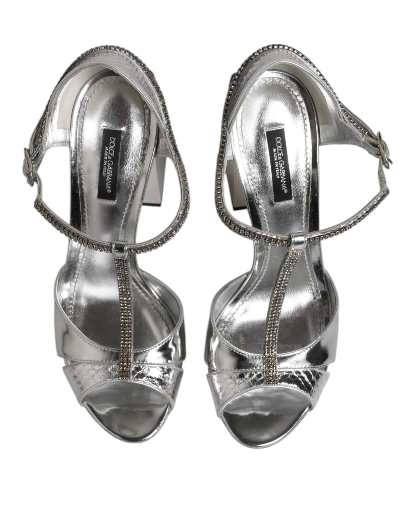 Zapatos Sandalias de Tacón con Tiras en T de Cuero Plateado de Dolce & Gabbana