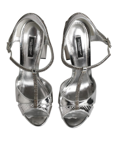 Zapatos Sandalias de Tacón con Tiras en T de Cuero Plateado de Dolce & Gabbana