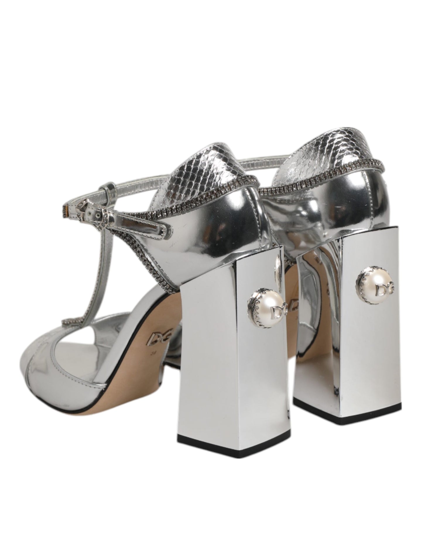 Zapatos Sandalias de Tacón con Tiras en T de Cuero Plateado de Dolce & Gabbana