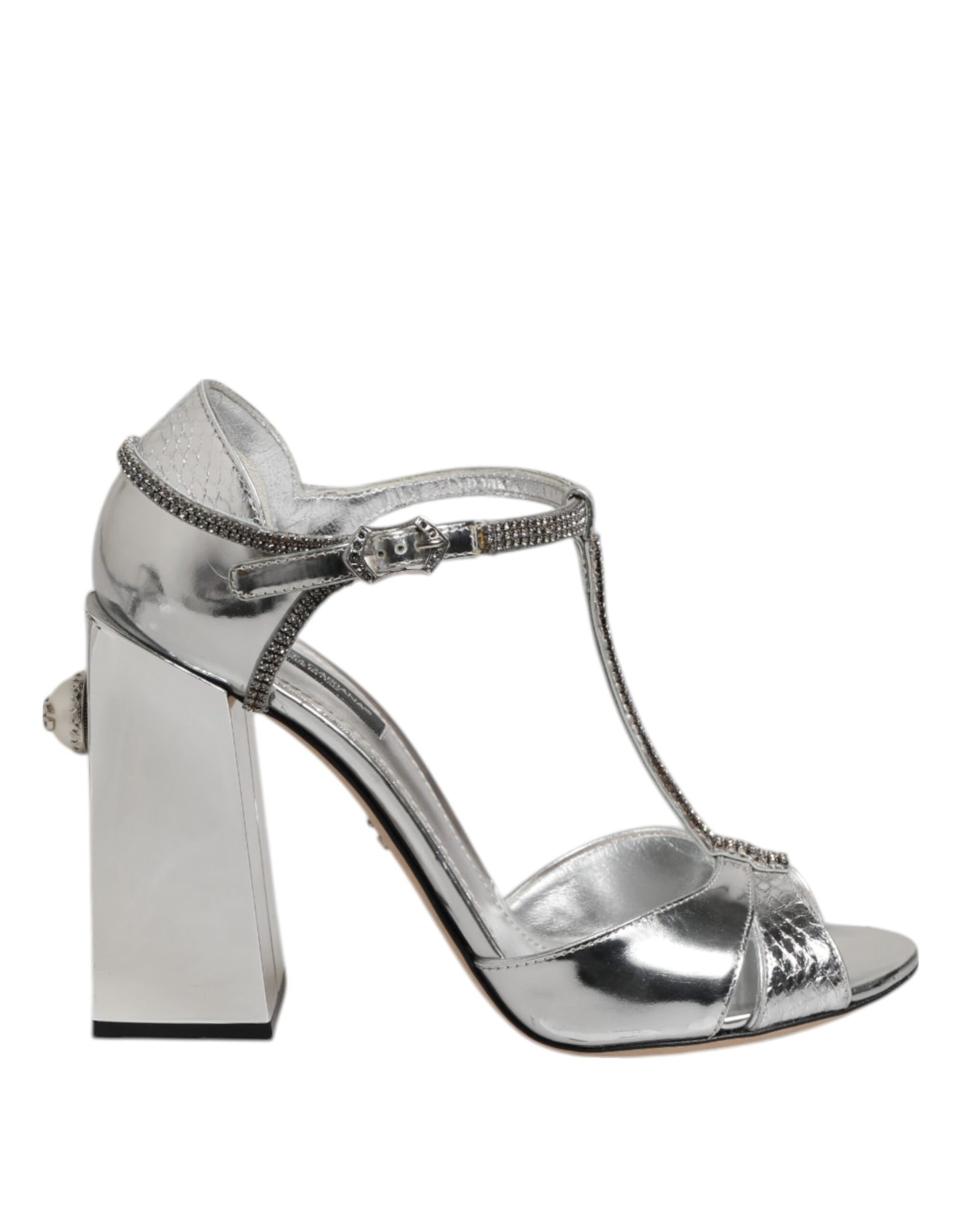 Zapatos Sandalias de Tacón con Tiras en T de Cuero Plateado de Dolce & Gabbana