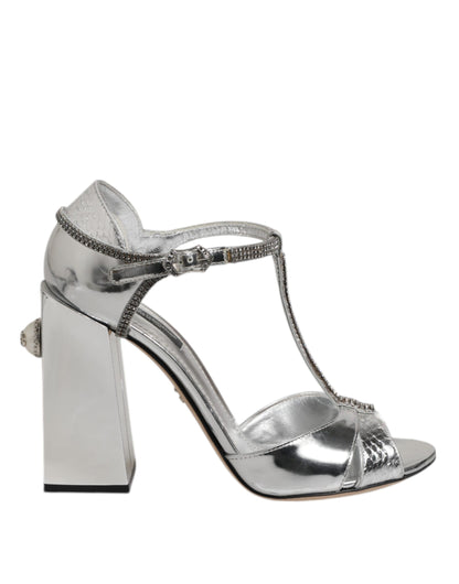 Zapatos Sandalias de Tacón con Tiras en T de Cuero Plateado de Dolce & Gabbana