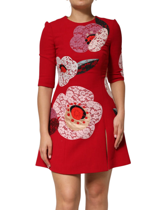 Vestido Mini Acampanado de Dolce & Gabbana con Encaje Rojo y Aplicaciones Florales