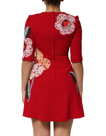 Vestido Mini Acampanado de Dolce & Gabbana con Encaje Rojo y Aplicaciones Florales