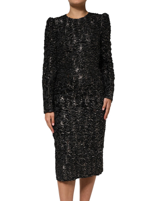 Vestido recto de esmoquin con lentejuelas negras y tweed de buclé de Dolce & Gabbana