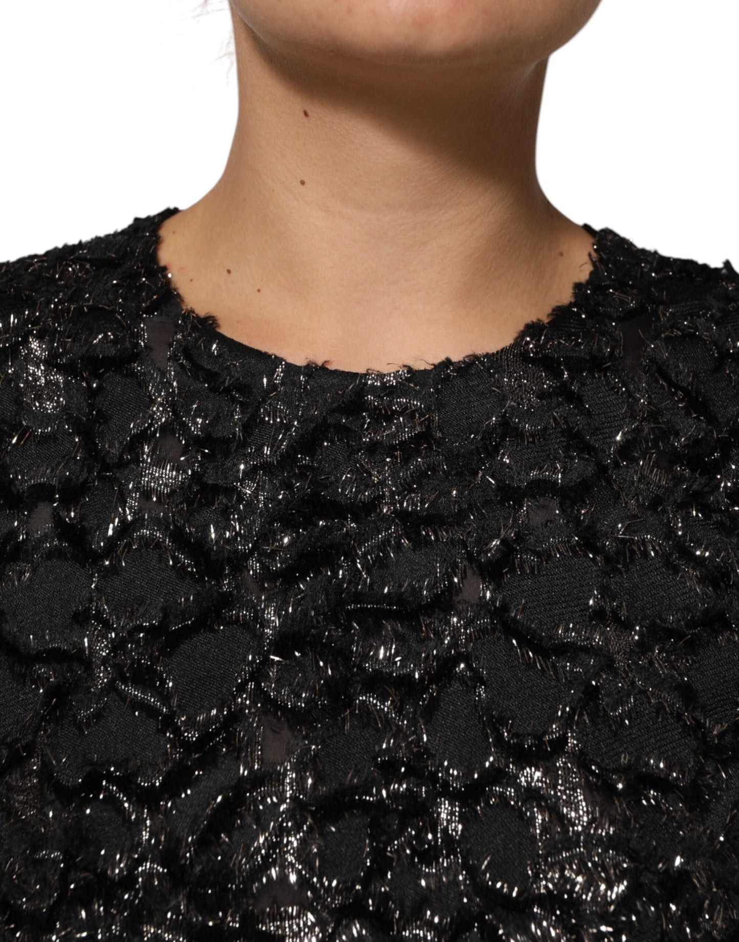 Vestido recto de esmoquin con lentejuelas negras y tweed de buclé de Dolce & Gabbana
