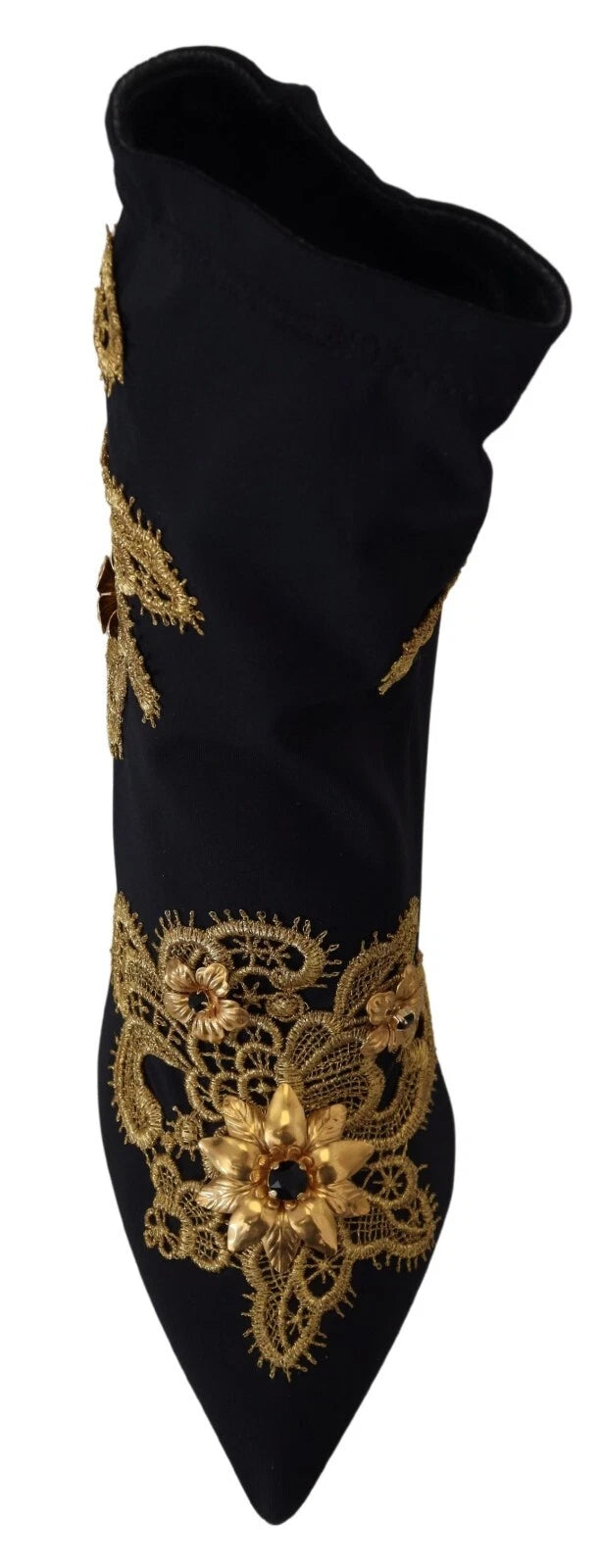 Dolce & Gabbana Chaussures Bottines Noires à Broderies Dorées et Cristaux