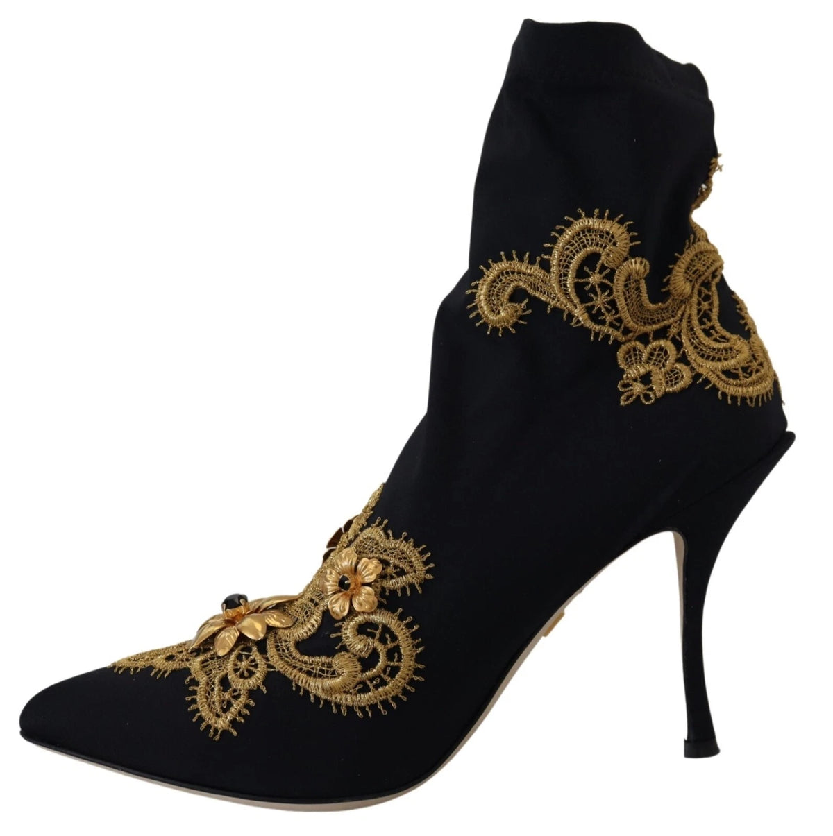 Dolce & Gabbana Chaussures Bottines Noires à Broderies Dorées et Cristaux