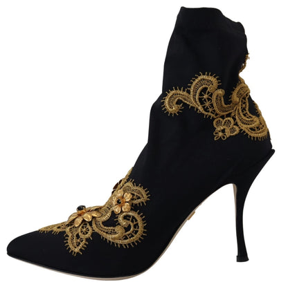 Dolce & Gabbana Chaussures Bottines Noires à Broderies Dorées et Cristaux