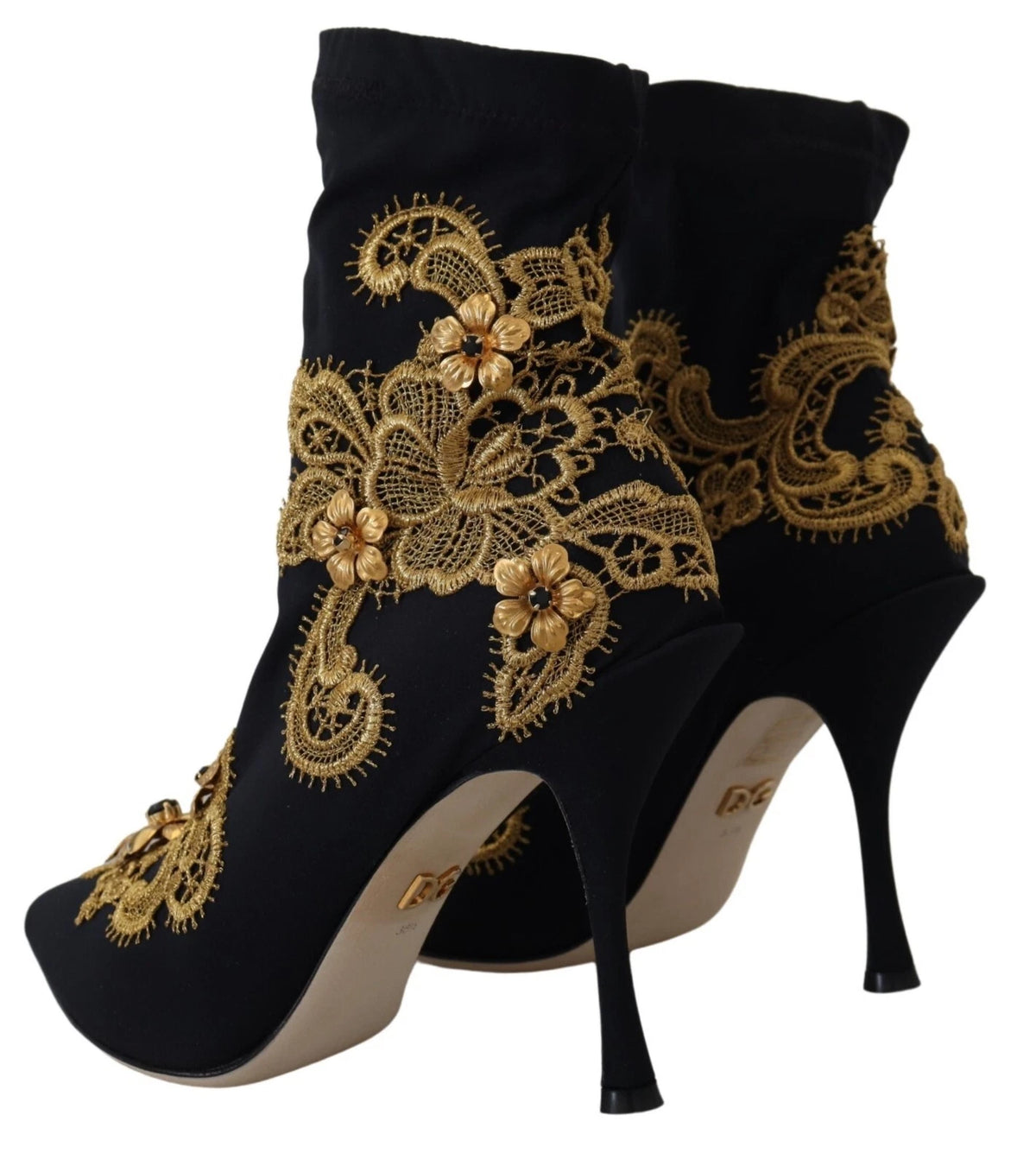 Dolce & Gabbana Chaussures Bottines Noires à Broderies Dorées et Cristaux
