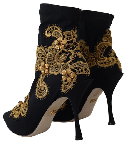 Dolce & Gabbana Chaussures Bottines Noires à Broderies Dorées et Cristaux