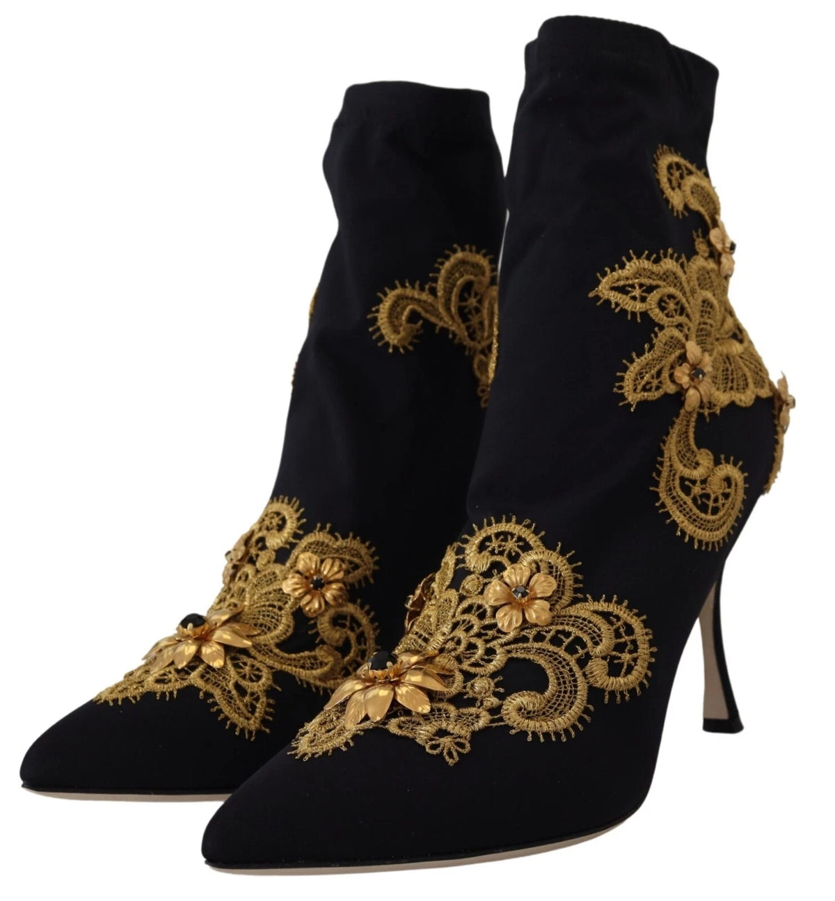 Dolce & Gabbana Chaussures Bottines Noires à Broderies Dorées et Cristaux