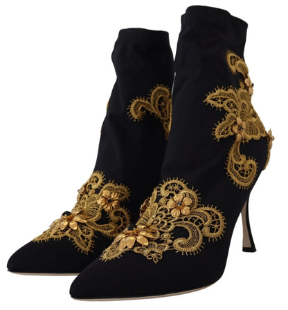 Dolce & Gabbana Chaussures Bottines Noires à Broderies Dorées et Cristaux