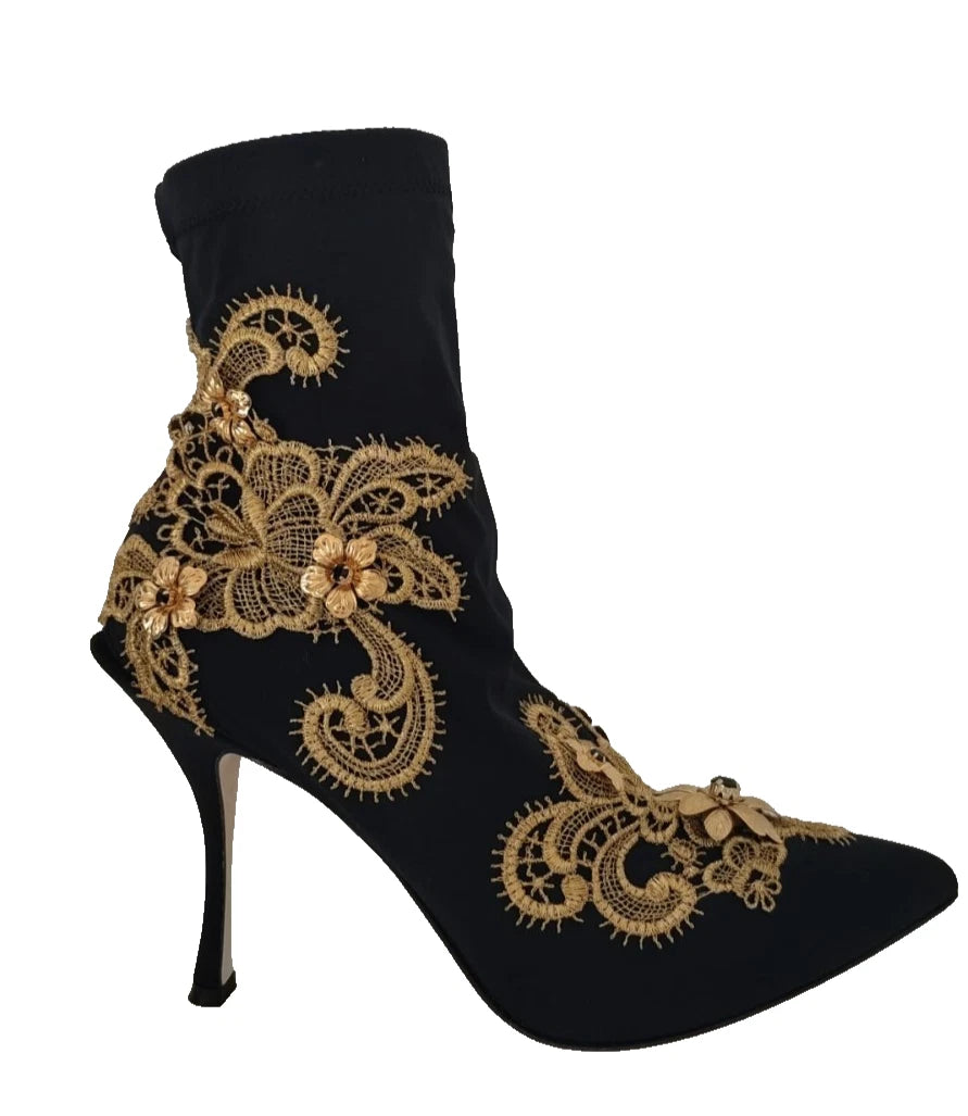 Dolce & Gabbana Chaussures Bottines Noires à Broderies Dorées et Cristaux